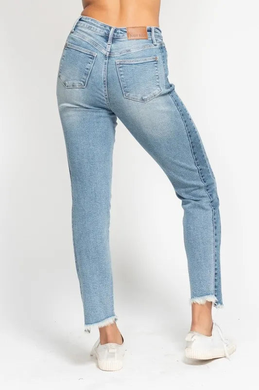 Judy Blue Vintage Wash Side Panel Fray Hem Slim Jeans – Plus Size - Fashorio
