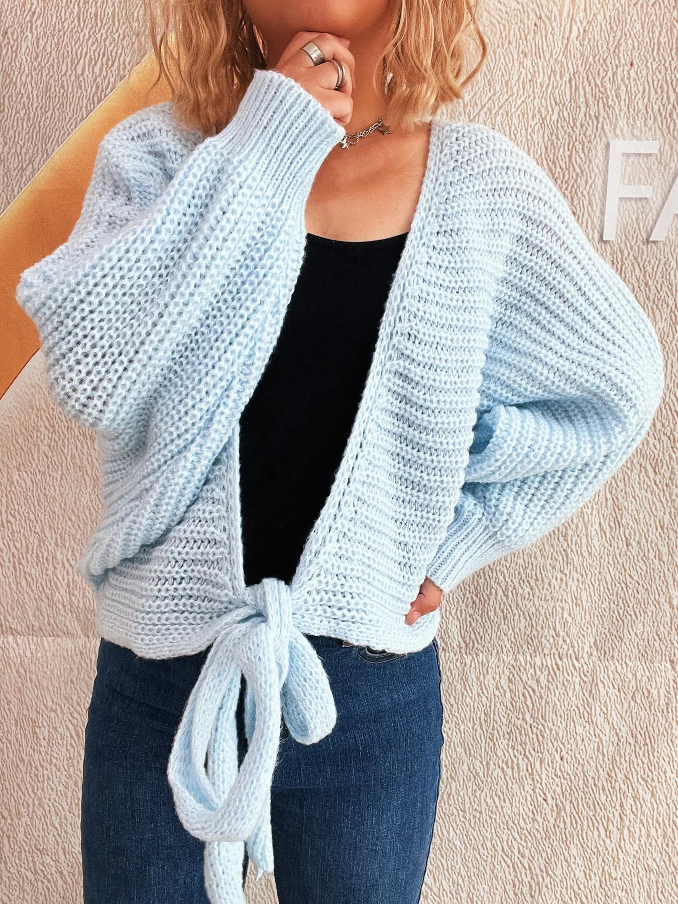 Tie Front Long Sleeve Cardigan - Fashorio