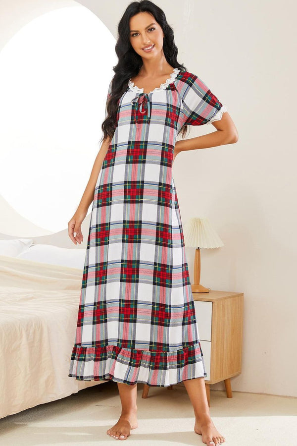 Plaid Lace Trim Ruffle Hem Night Dress Plaid - Fashorio