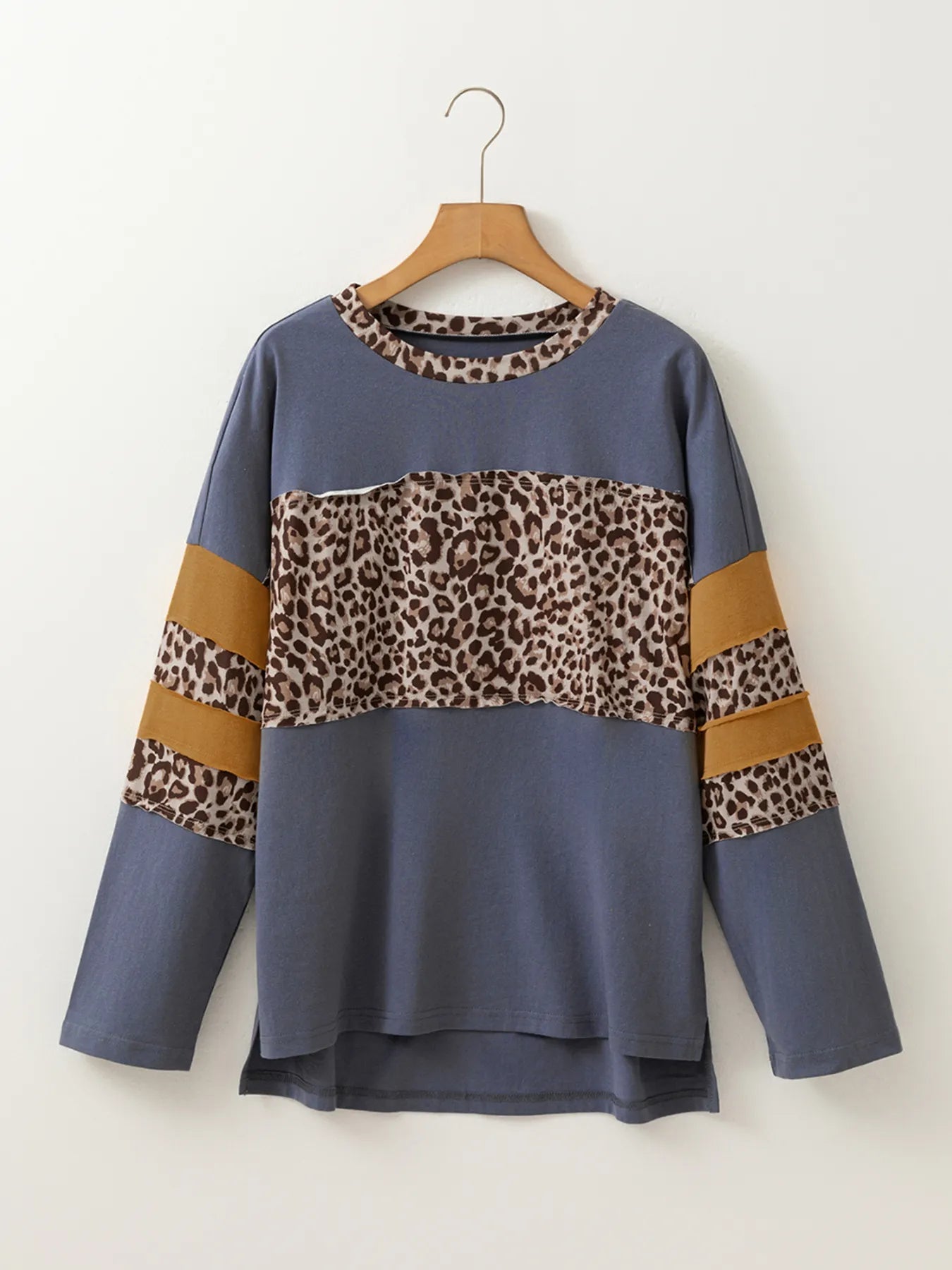 Leopard Color Block Long Sleeve Drop Shoulder Top - Fashorio