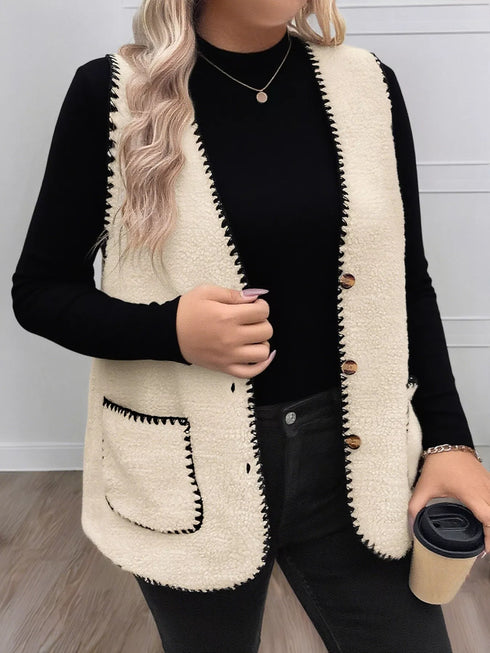 Plus Size Contrast Trim Button Up Vest Coat - Fashorio