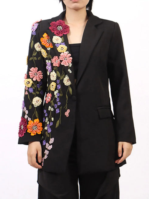 Pearl Detail Flower Lapel Collar Blazer - Fashorio