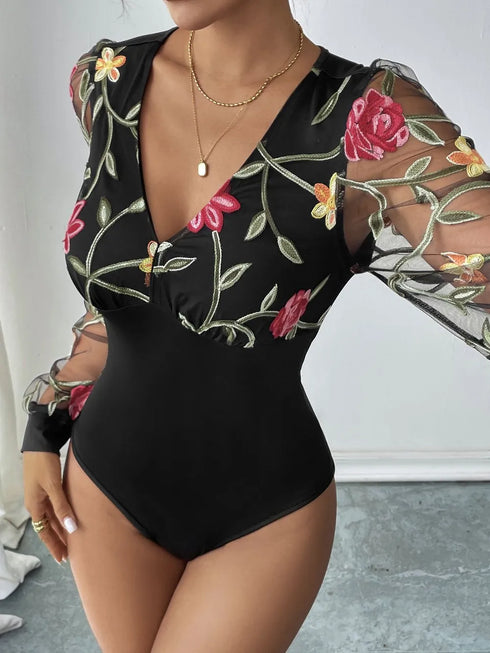 Perfee Embroidered V-Neck Long Sleeve Bodysuit - Fashorio