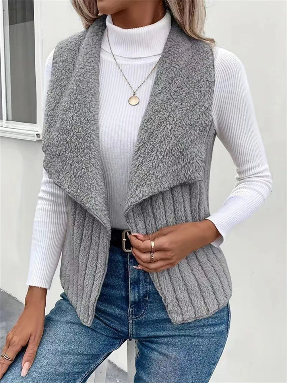 Open Front Fuzzy Vest Coat - Fashorio