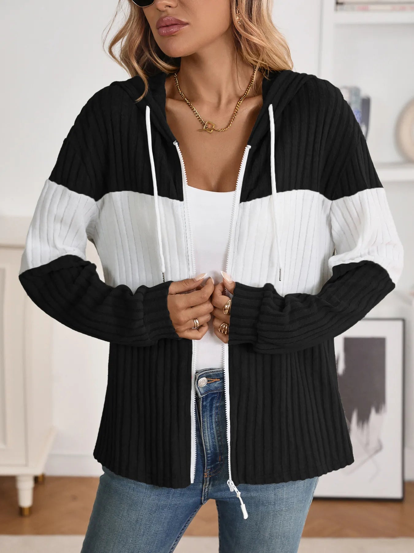Drawstring Color Block Zip Up Outerwear - Fashorio