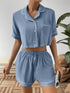 Ivy Lane Contrast Lapel Collar Cropped Shirt and Shorts Lounge Set Light Blue - Fashorio