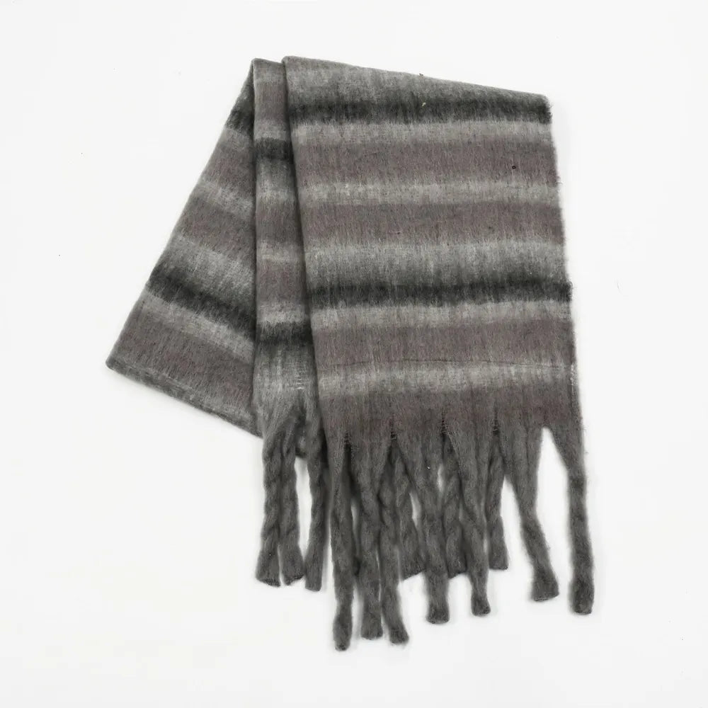 Fringe Contrast Striped Polyester Scarf Dark Gray One Size - Fashorio
