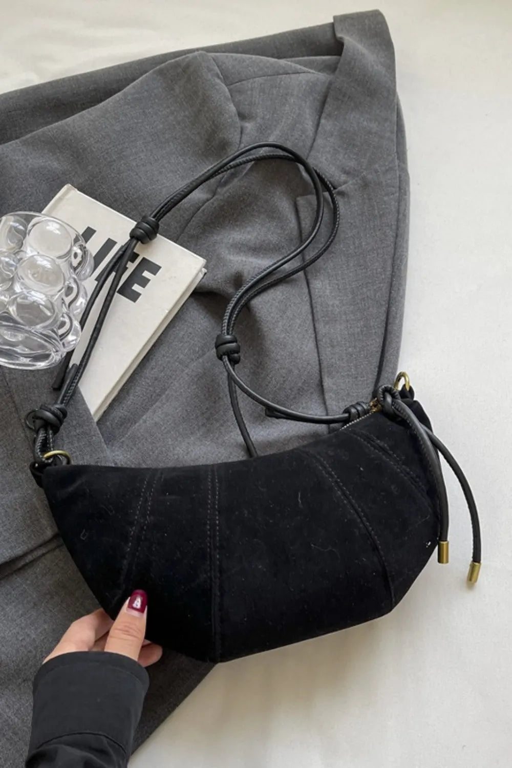 PU Leather Strap Suede Shoulder Bag Black One Size - Fashorio