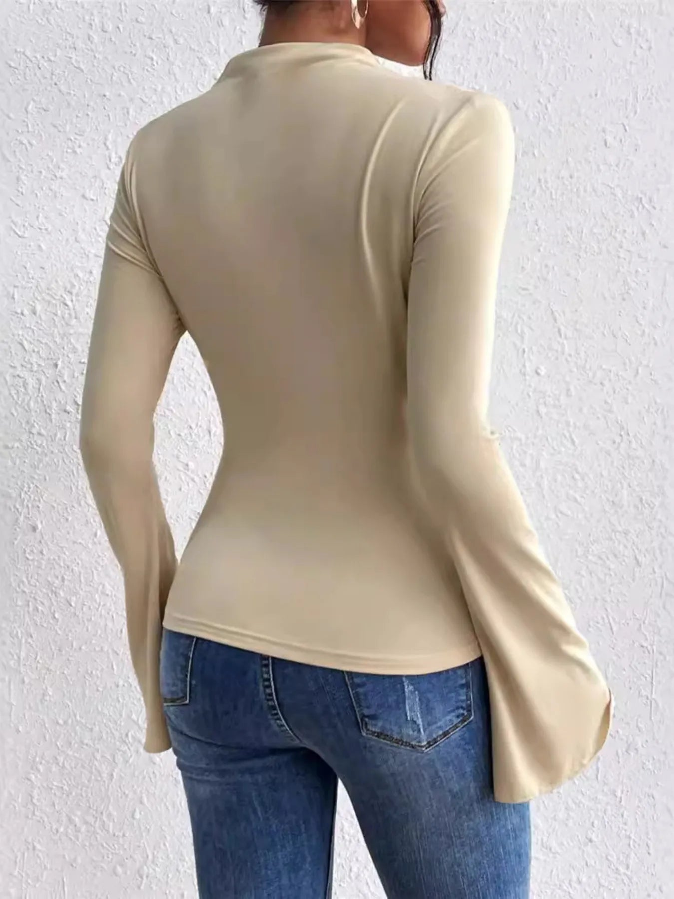Bell Sleeve Ruched Fitted T-Shirt with Mock Neck - Fashorio