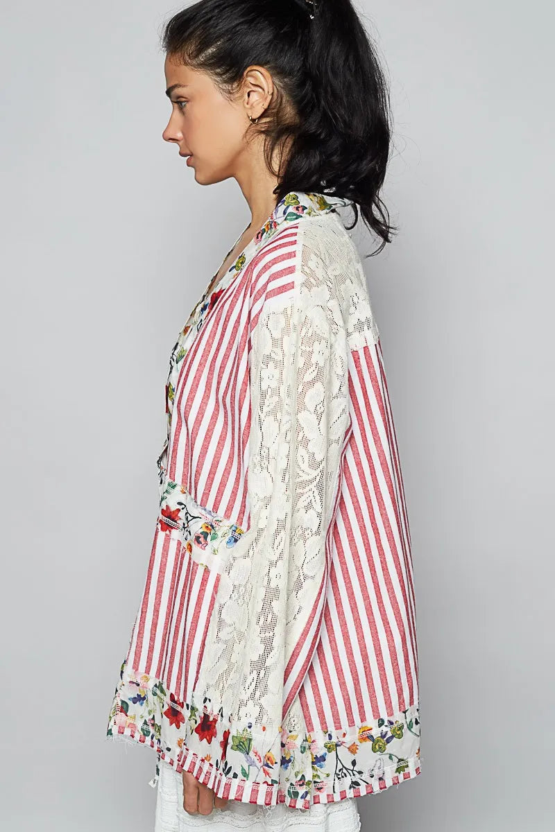 POL Lace Long Sleeve Striped Cardigan with Floral Patchwork Detail - Fashorio