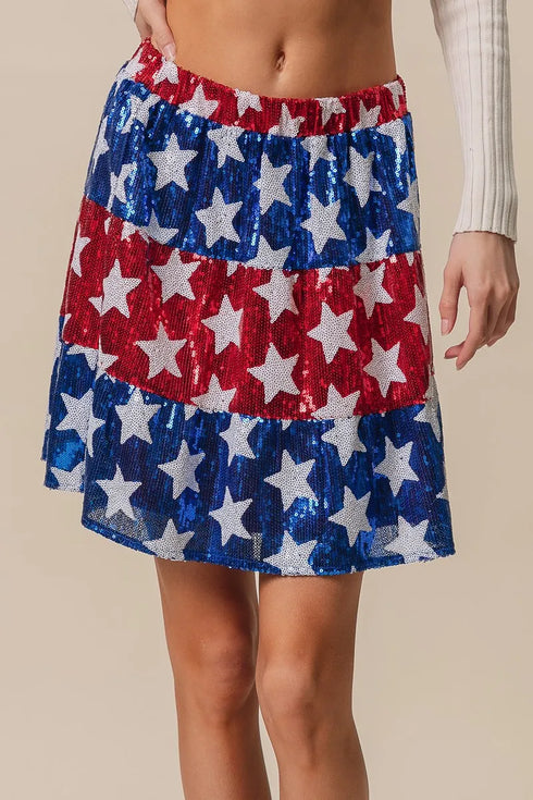 BiBi American Flag Theme Star Sequin Tiered Skirt - Fashorio