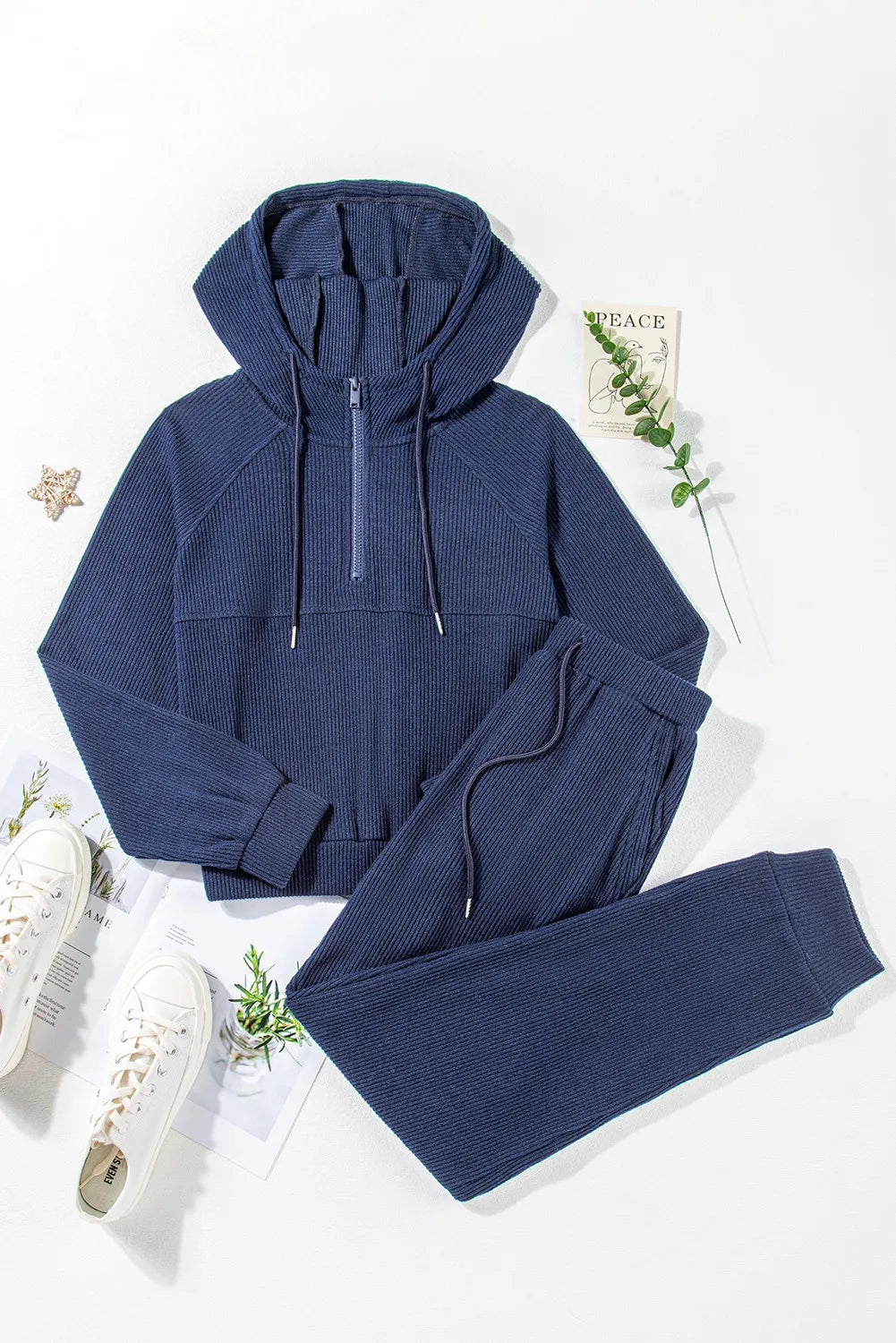 Drawstring Half Zip Hoodie and Joggers Active Set - Fashorio