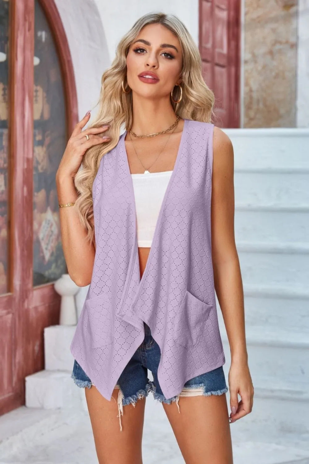 Eyelet Open Front Sleeveless Cardigan Lilac - Fashorio