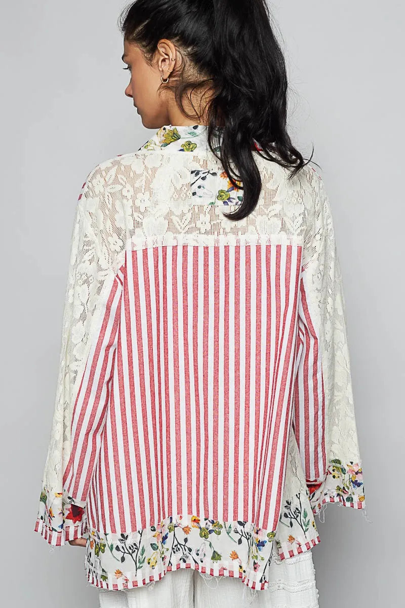 POL Lace Long Sleeve Striped Cardigan with Floral Patchwork Detail - Fashorio