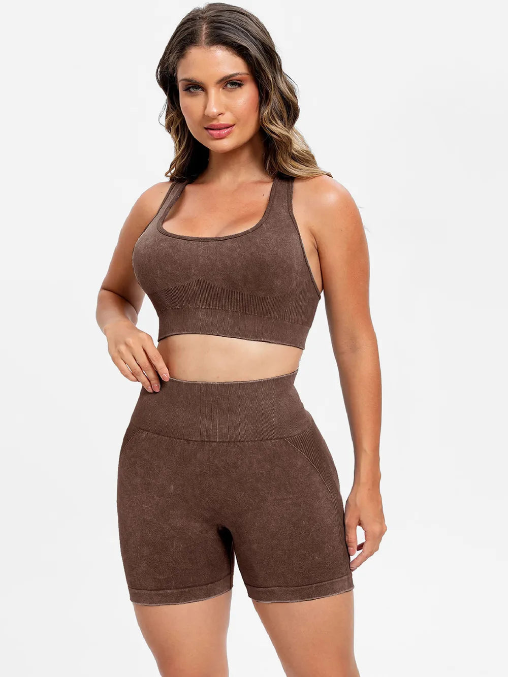 Scoop Neck Wide Strap Top and Shorts Active Set Dark Brown - Fashorio