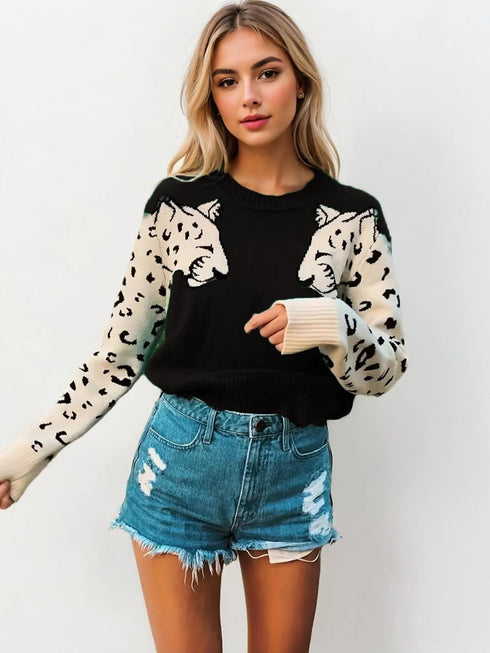 Leopard Round Neck Sweater - Fashorio
