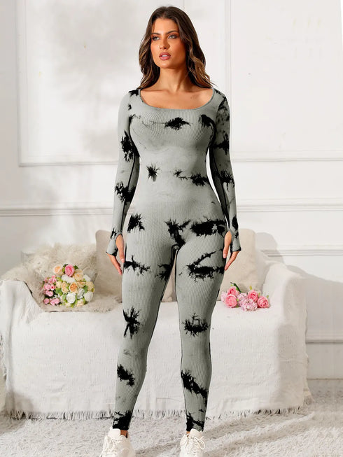 Scoop Neck Long Sleeve Active Jumpsuit Gray - Fashorio