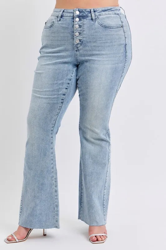 Judy Blue Full Size Mid Rise Rhinestone Side Panel Detail Flare Jeans Plus Size - Fashorio