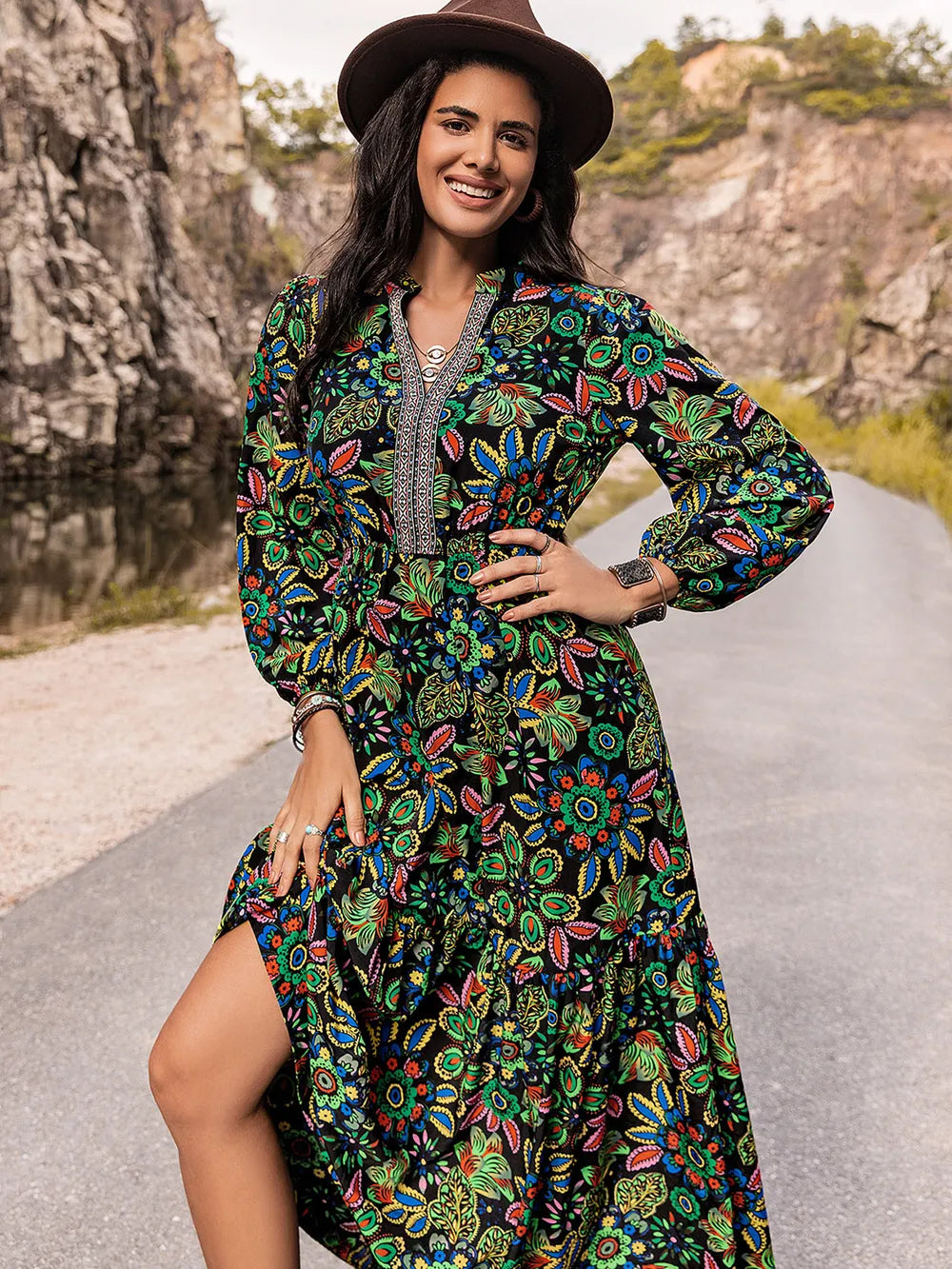 Printed Notched Neck Maxi Dress - Fashorio