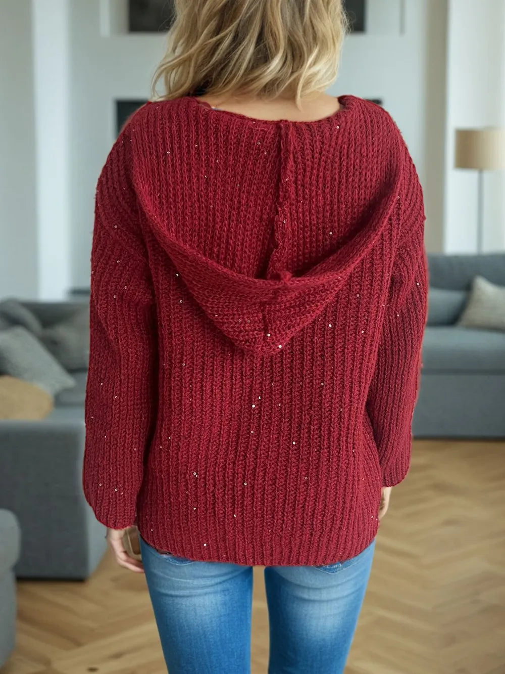 Sequin Detail Long Sleeve Hooded Cardigan - Fashorio