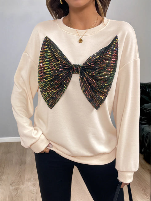 Sequined Bow Round Neck Sweatshirt - Fashorio