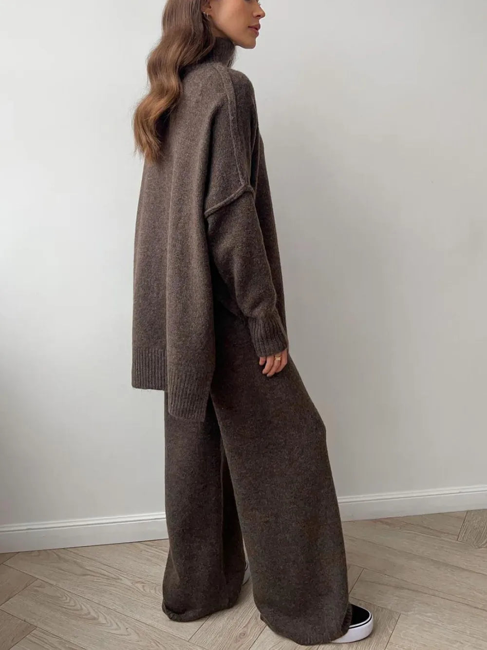 Slit Turtleneck Long Sleeve Top and Pants Sweater Set - Fashorio
