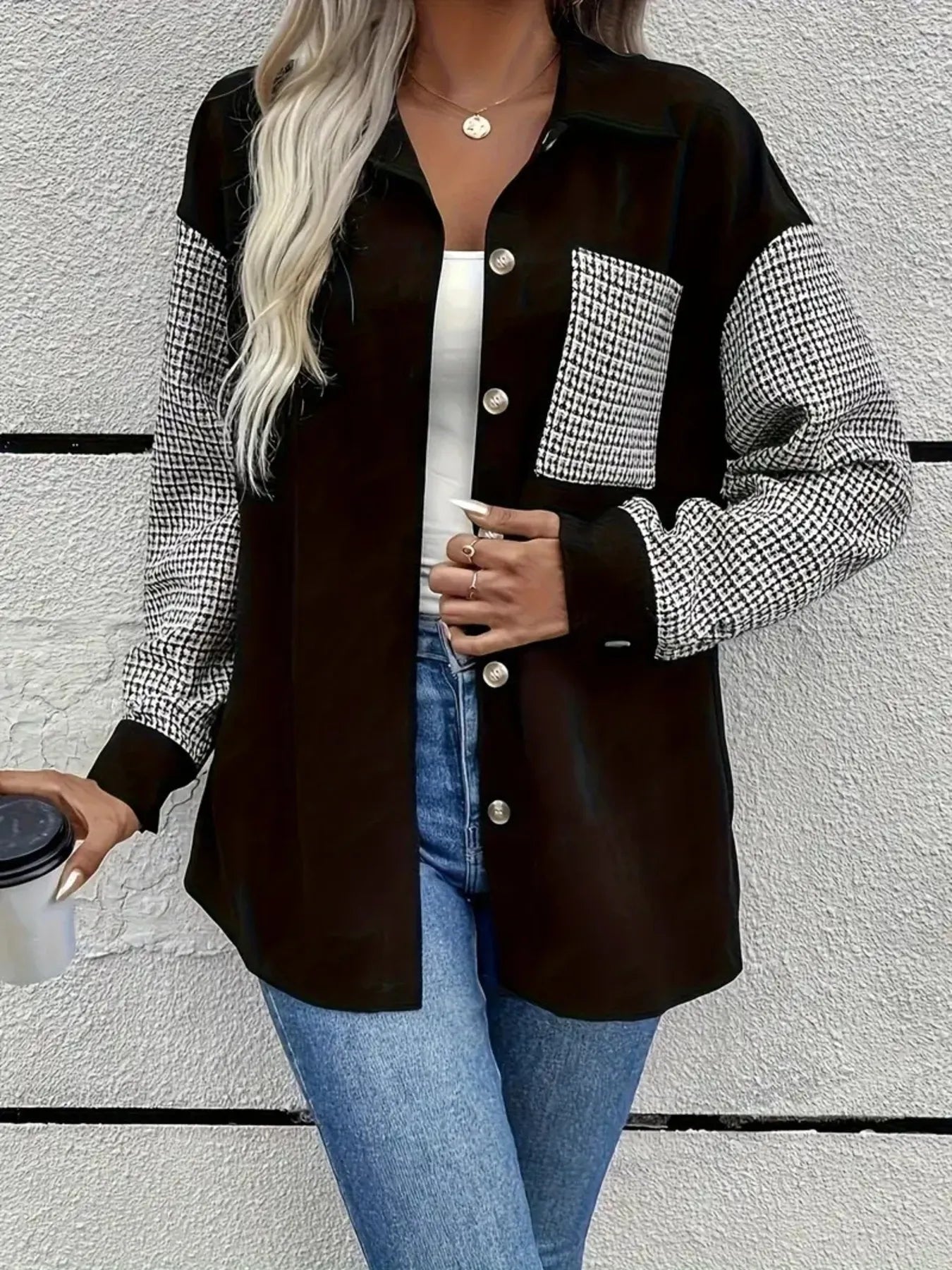 Houndstooth Contrast Button-Up Oversized Jacket - Fashorio