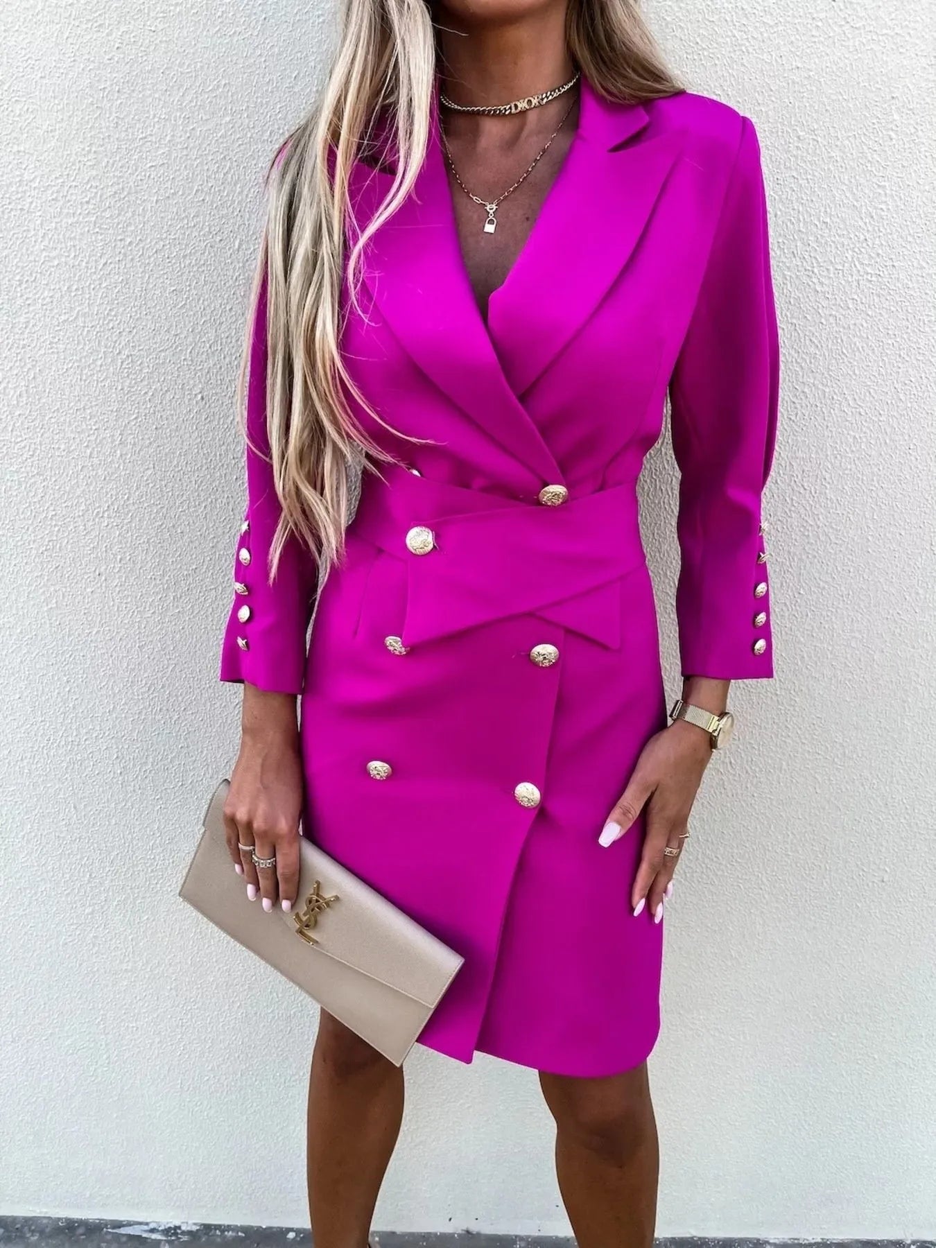 Double-Breasted Lapel Collar Longline Blazer Rose Red - Fashorio