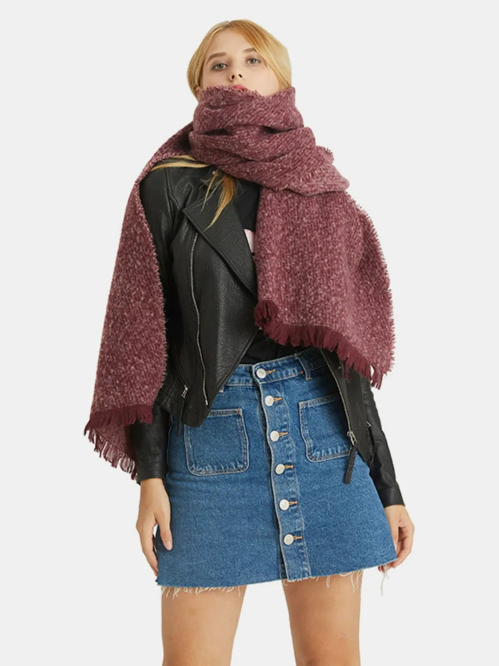 Raw Hem Heathered Polyester Scarf Burgundy One Size - Fashorio