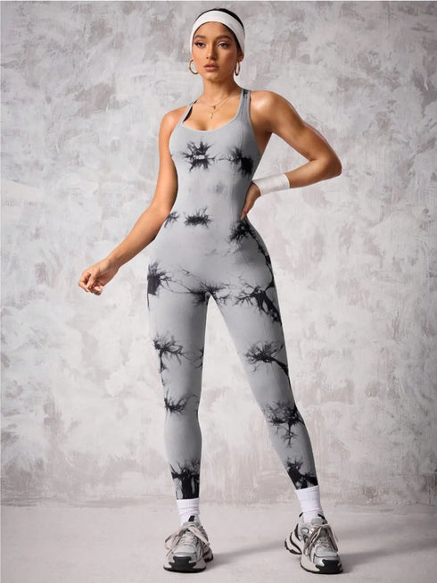 Back Crisscross Tie-Dye Scoop Neck Active Jumpsuit - Fashorio