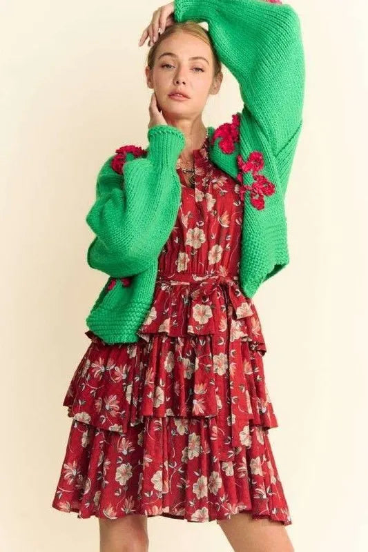 Davi & Dani Floral Applique Open Front Drop Shoulder Cardigan - Fashorio