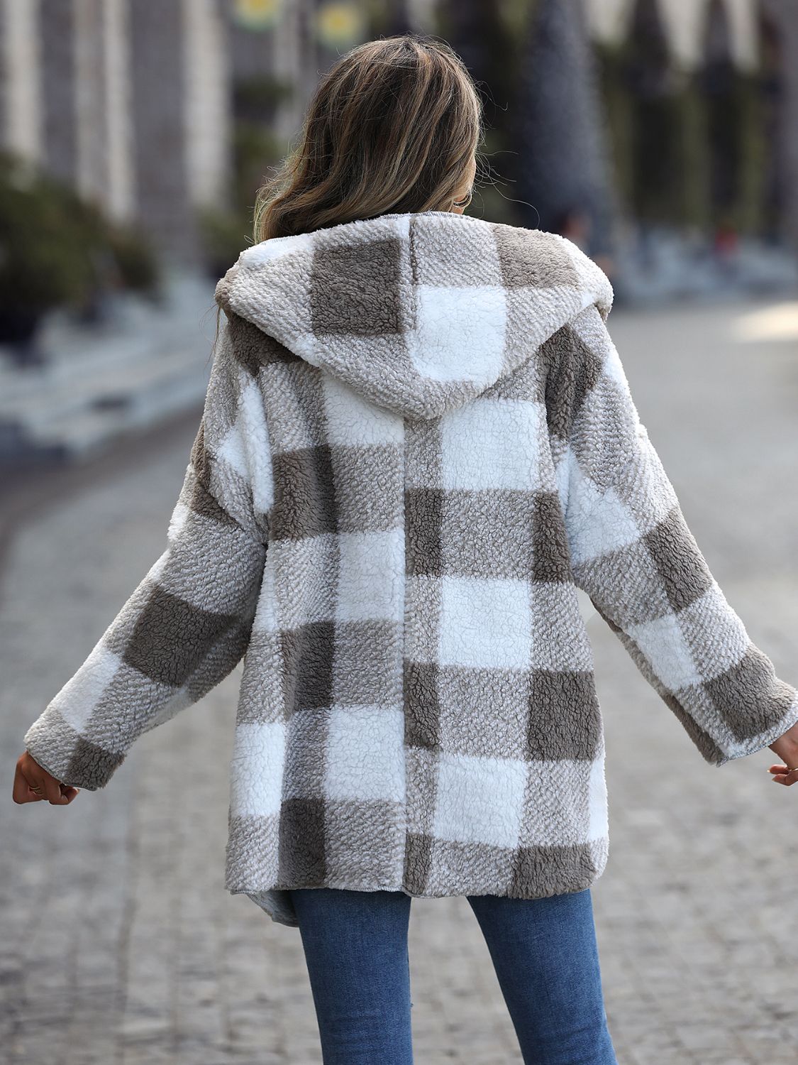 Plaid Open Front Hooded Coat - Fashorio