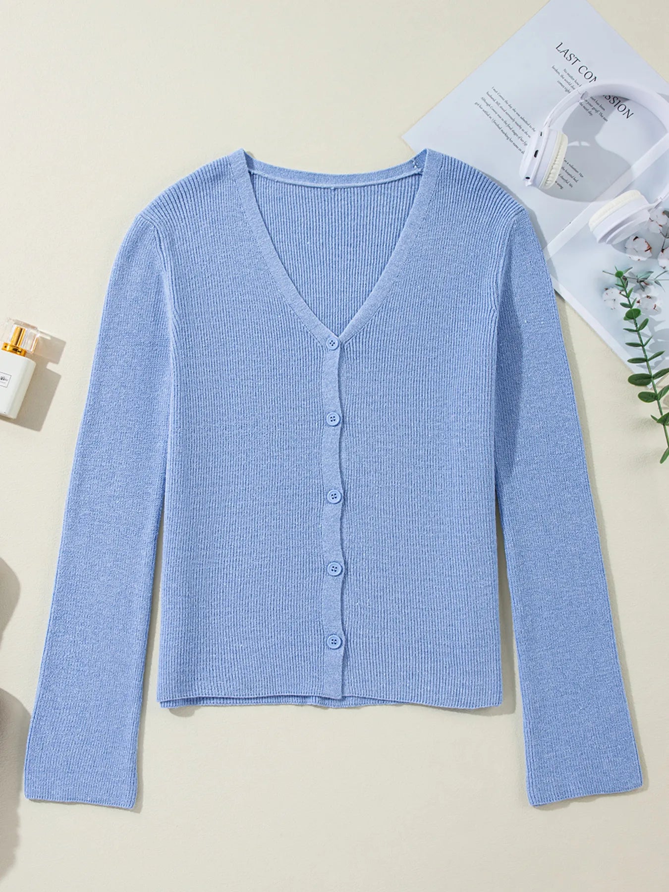 Ribbed Knit Button Front V Neck Cardigan - Fashorio