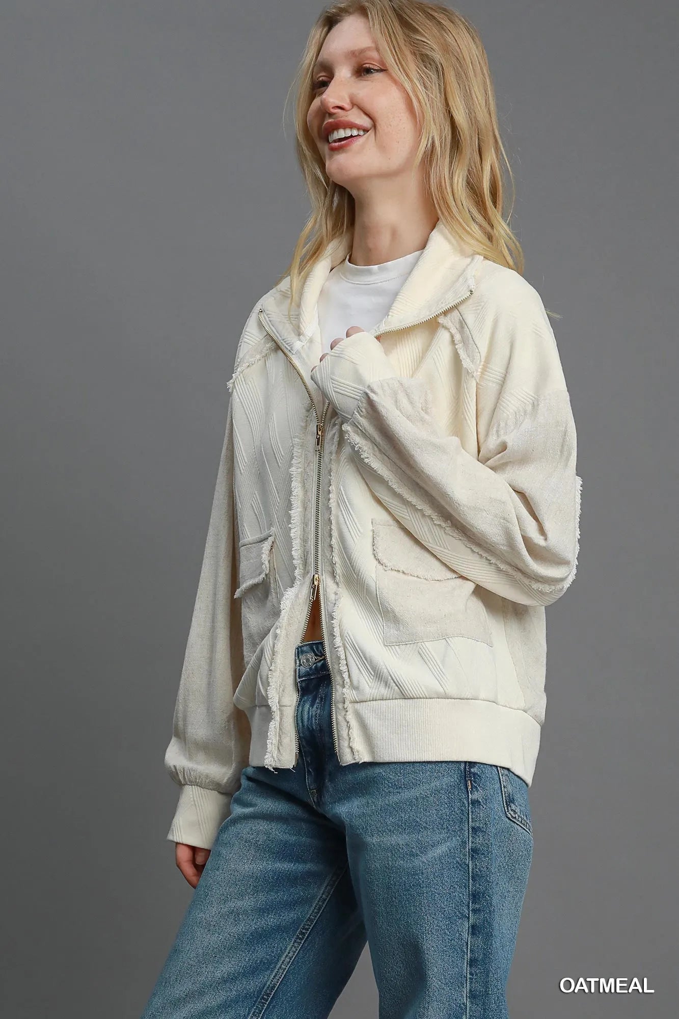 Women’s Jacquard Zip Up Jacket with Linen Blend - Fashorio