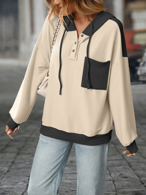 Drawstring Button Detail Long Sleeve Hoodie - Fashorio