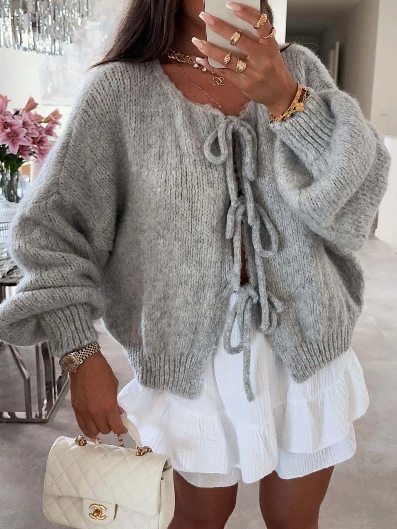 Cozy Bow-Tie Front Knit Cardigan - Fashorio