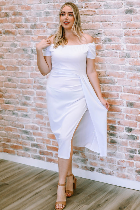 Off-Shoulder Short Sleeve Split Dress White - Fashorio