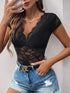Perfee Lace V-Neck Cap Sleeve Bodysuit - Fashorio
