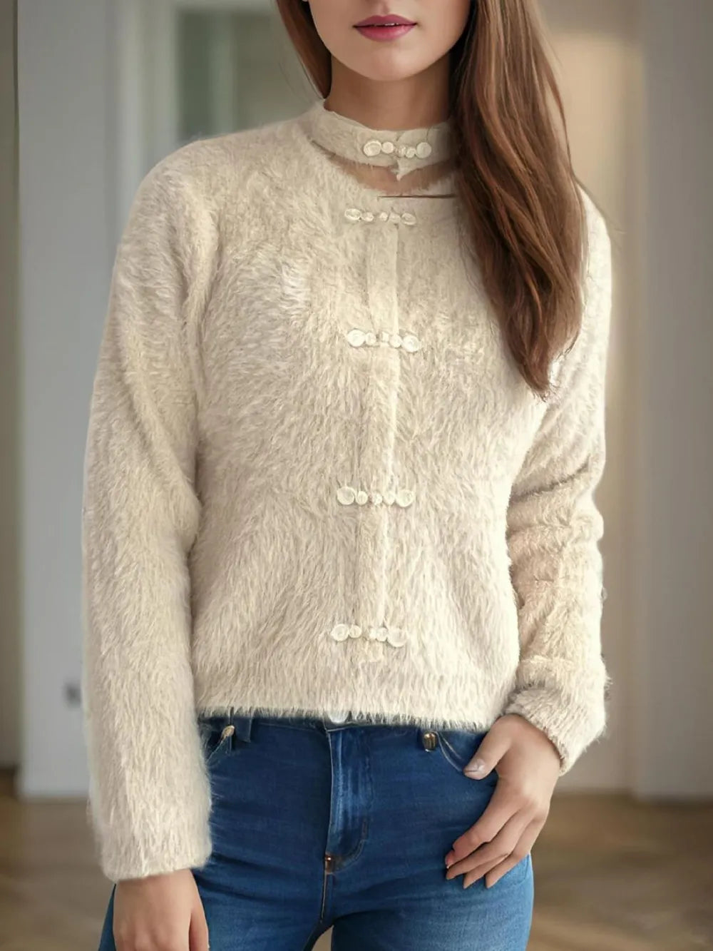 Cutout Knot Button Long Sleeve Cardigan - Fashorio