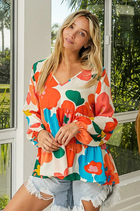 BiBi Floral Woven Tiered V Neck Top - Fashorio