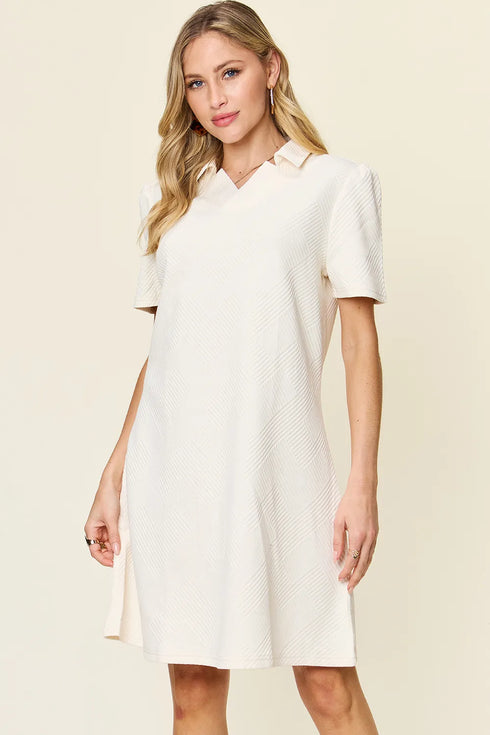 Double Take Full Size Texture Collared Neck Short Sleeve Dress White - Fashorio