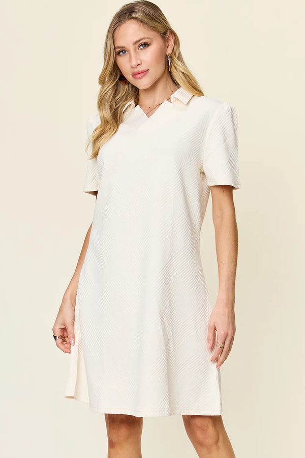 Double Take Full Size Texture Collared Neck Short Sleeve Dress White - Fashorio