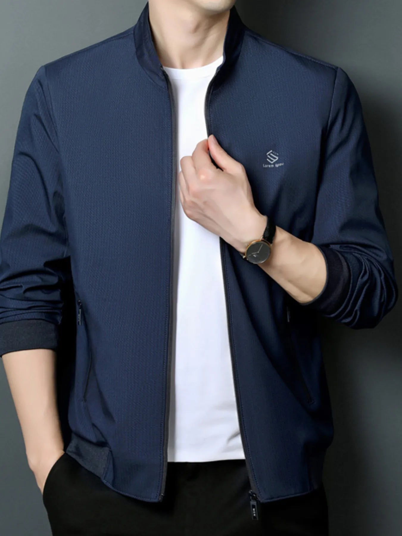 Men's Plus Size Zip Up Long Sleeve Jacket Navy Blue - Fashorio