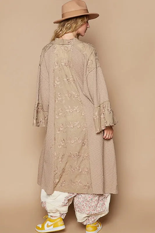 POL Flower Lace Trim Open Front Longline Cardigan - Fashorio