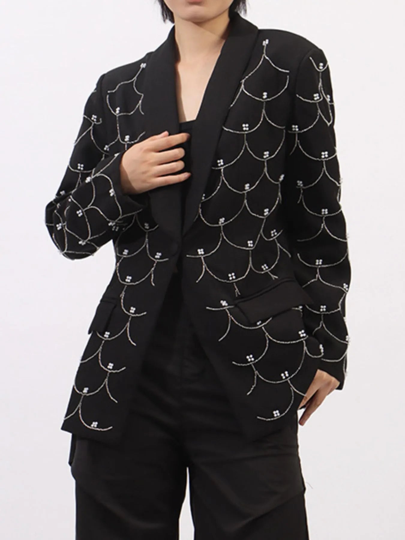 Pearl Detail Long Sleeve Blazer - Fashorio