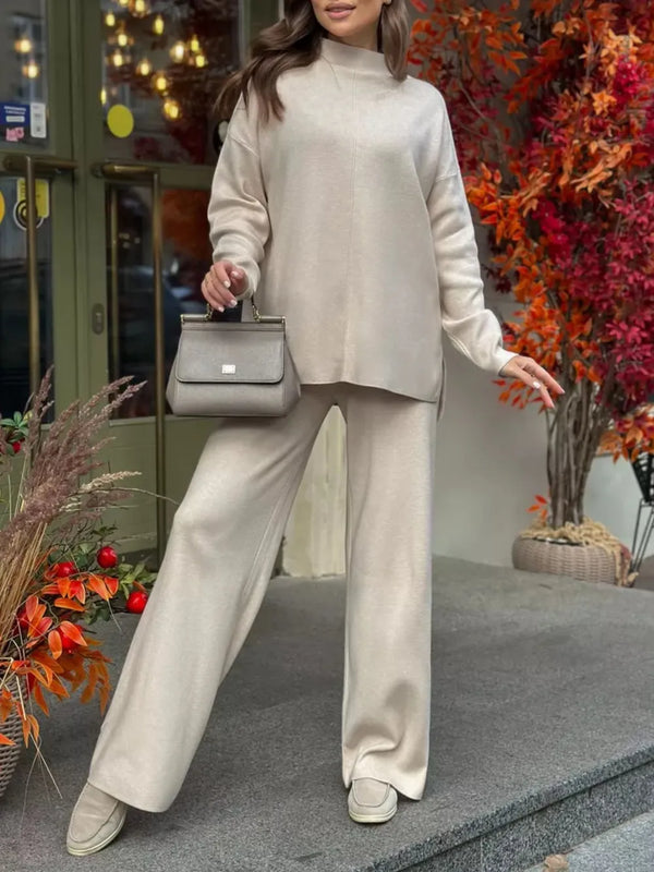 Slit Mock Neck Top and Pants Sweater Set Dust Storm - Fashorio