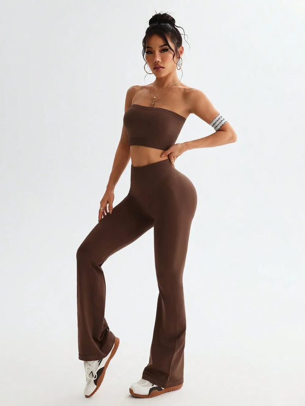 Tube Top and High Waist Flare Pants Active Set Brown - Fashorio
