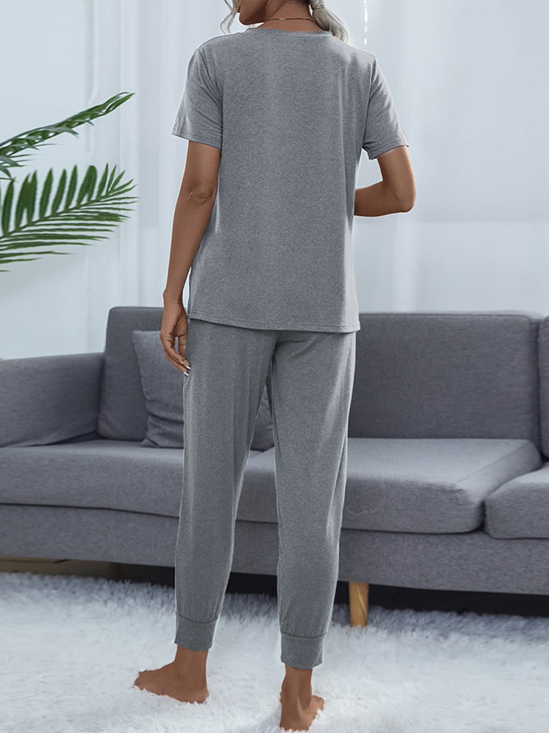 Shiny Round Neck Short Sleeve Top and Pants Set - Fashorio