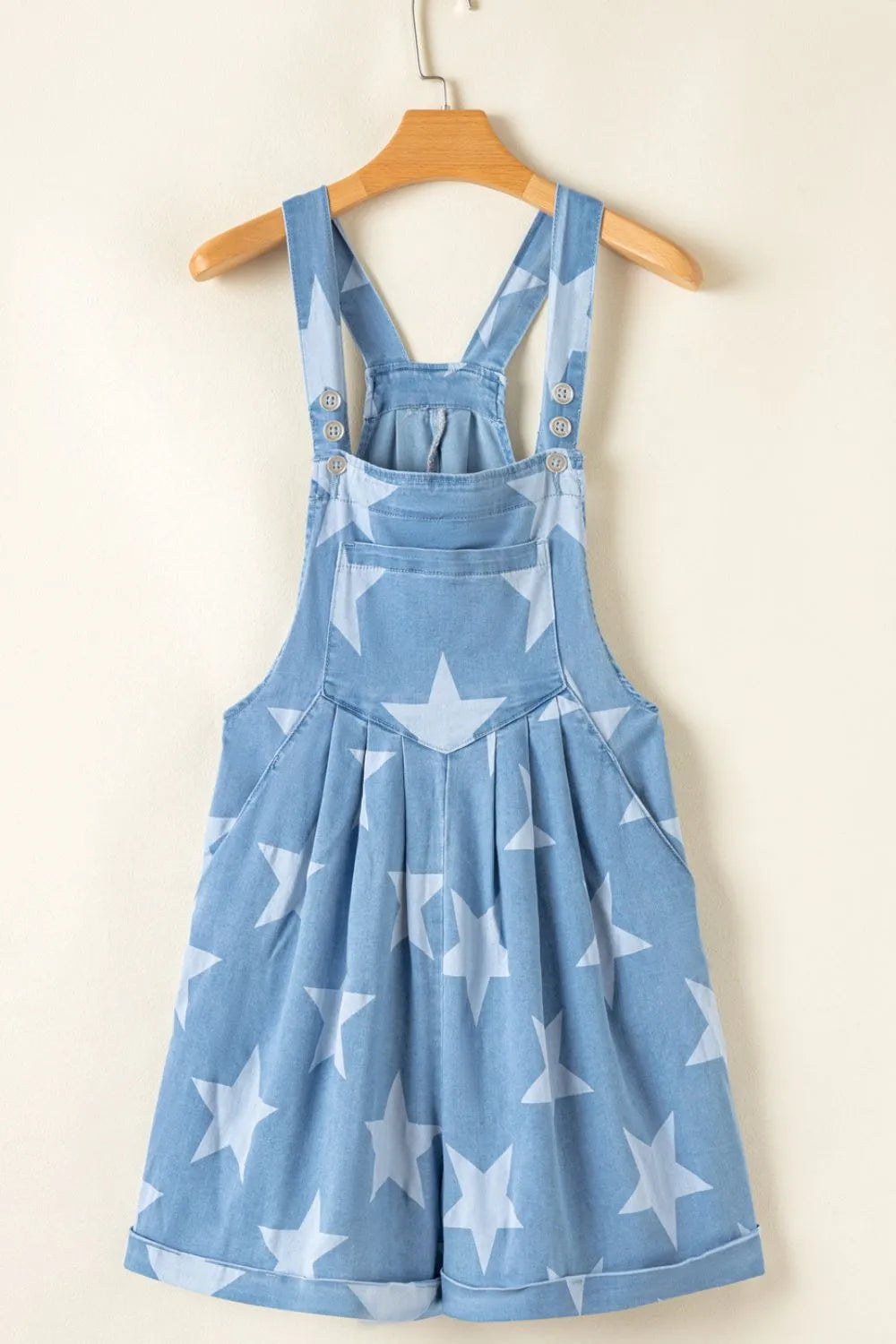 Star Print Square Neck Denim Overalls - Fashorio