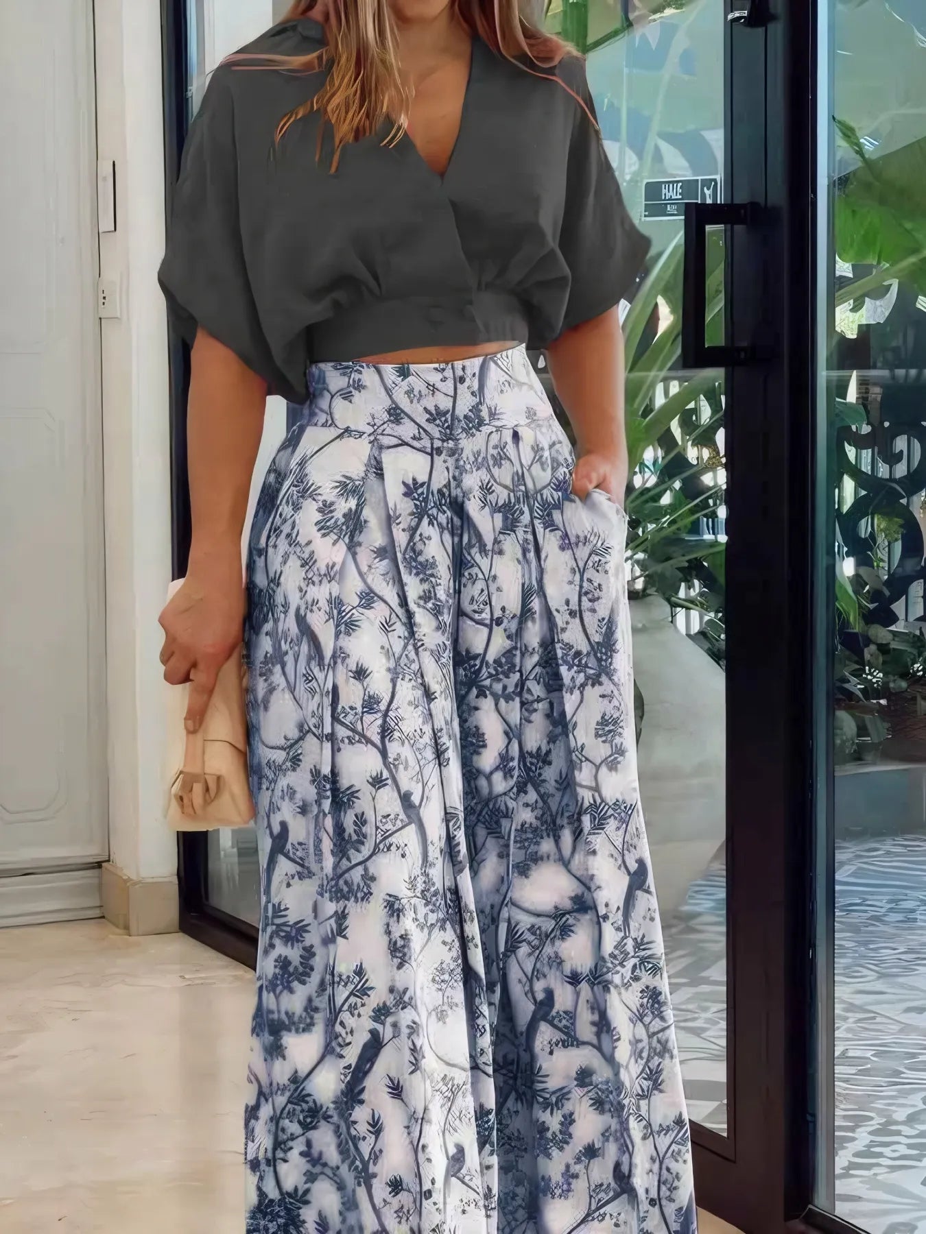 Surplice Top and High Waist Pants Set - Fashorio
